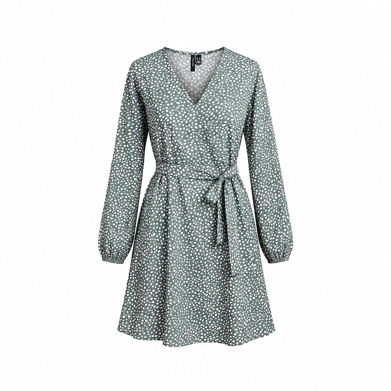 VERO MODA sieviešu zaļa rakstaina kleita ar jostu